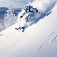 photo of Hokkaido ski resort, person skiing, copy space.  