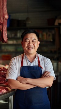 photo of local meat shop asian happy owner in front, natural light.  