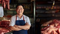 photo of local meat shop asian happy owner in front, natural light.  