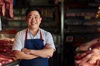 photo of local meat shop asian happy owner in front, natural light.  