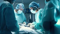 Photo of medical doctors performs surgical operation in modern operating room , copy space.  