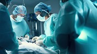 Photo of medical doctors performs surgical operation in modern operating room , copy space.  