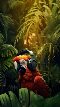 photo of parrot wearing headphone on the branch, space, photorealistic, raw image.  