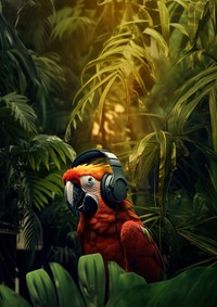 photo of parrot wearing headphone on the branch, space, photorealistic, raw image.  