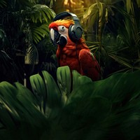 photo of parrot wearing headphone on the branch, space, photorealistic, raw image.  