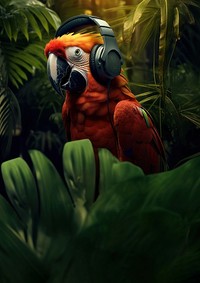 photo of parrot wearing headphone on the branch, space, photorealistic, raw image.  