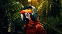 photo of parrot wearing headphone on the branch, space, photorealistic, raw image.  