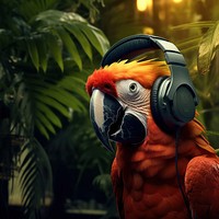 photo of parrot wearing headphone on the branch, space, photorealistic, raw image.  