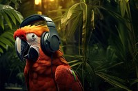 photo of parrot wearing headphone on the branch, space, photorealistic, raw image. AI generated Image by rawpixel. 