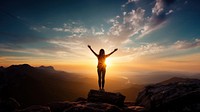Carefree woman standing on the edge of mountain cliff. AI generated Image by rawpixel.