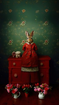 Rabbit wearing a dress. 