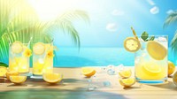 Scene of 3d illustration lemonade, summer, whole lemonade in swimming pool, clean backgrounds.  