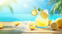 Scene of 3d illustration lemonade, summer, whole lemonade in swimming pool, clean backgrounds.  