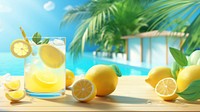 Scene of 3d illustration lemonade, summer, whole lemonade in swimming pool, clean backgrounds.  