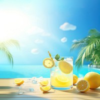 Scene of 3d illustration lemonade, summer, whole lemonade in swimming pool, clean backgrounds.  