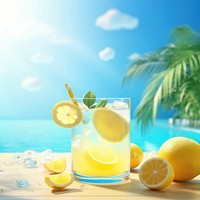 Scene of 3d illustration lemonade, summer, whole lemonade in swimming pool, clean backgrounds.  