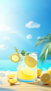 Scene of 3d illustration lemonade, summer, whole lemonade in swimming pool, clean backgrounds.  