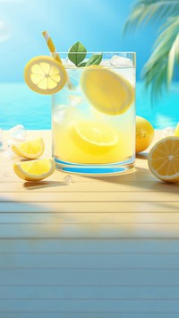 Scene of 3d illustration lemonade, summer, whole lemonade in swimming pool, clean backgrounds.  