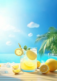 Scene of 3d illustration lemonade, summer, whole lemonade in swimming pool, clean backgrounds. AI generated Image by rawpixel. 