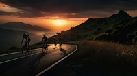 side view Photo of 3 man bicycling on the mountain road, sunset. AI generated Image by rawpixel. 