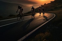 side view Photo of 3 man bicycling on the mountain road, sunset.  