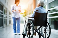 Nurse pushing wheelchair adult architecture. AI generated Image by rawpixel.