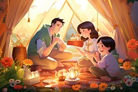 Asian family camping cartoon cross-legged. AI generated Image by rawpixel.