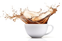 A white rotate flying cup mug coffee splashing drink. 