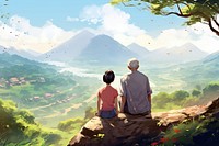 Asian senior couple looking nature landscape mountain. 