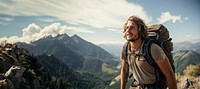 Strong mountain climber backpacking adventure outdoors. 