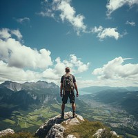 Strong mountain climber backpacking adventure outdoors. 