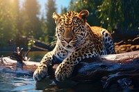 Wildlife river documentry leopard animal mammal. AI generated Image by rawpixel.
