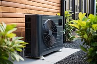 Heat pump outside home architecture loudspeaker technology. 