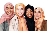 Diverse women smiling smile hijab scarf. 