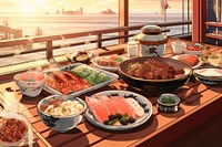 Japanese food plate meat smörgåsbord. AI generated Image by rawpixel.