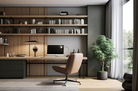 Office room furniture bookshelf chair. 