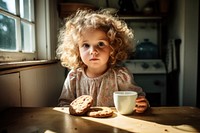 Girl toddler eating cookie portrait coffee table. 