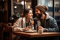 Enjoying breakfast laughing coffee drink. AI generated Image by rawpixel.