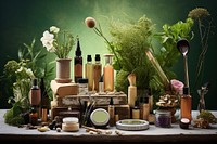 Cosmetics bottle nature table. 