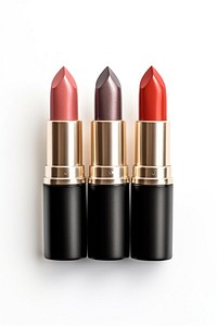 3 lipsticks cosmetics white background ammunition. 