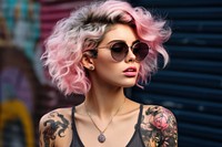 Tattoo sunglasses portrait outdoors. 