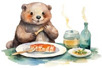 Otter eating a cooked fish mammal plate table. AI generated Image by rawpixel.