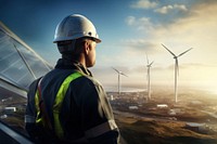 Wind turbine worker windmill outdoors hardhat. 