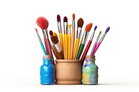 Art supplies brush white background arrangement. 