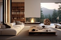 Modern living room architecture furniture fireplace. 