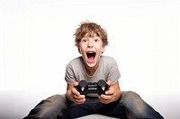 A boy having fun playing video game shouting photo white background. AI generated Image by rawpixel.