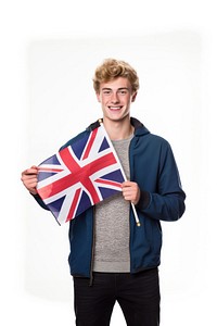A british university student holding small UK flag portrait white background independence. AI generated Image by rawpixel.