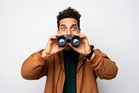 Binoculars portrait holding camera. 