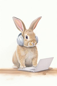 Pretty rabbit student laptop headphones computer. 