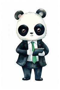 A Panda wearing business suit holding cartoon animal. 